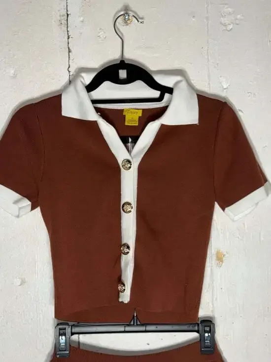 Daisy Two-Piece Knit Skirt Set Brown with White Contrast Trim and Gold Buttons - Picture 3 of 7